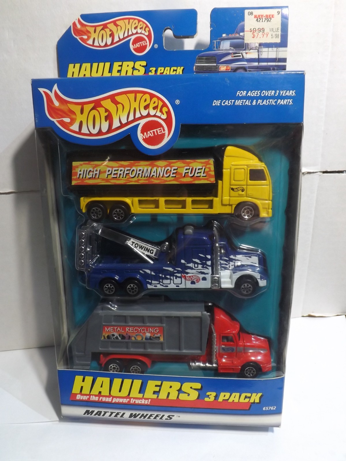 1999 Hotwheels Haulers 3 Pack Tow Truck-Metal Recycling Truck-Fuel Truck