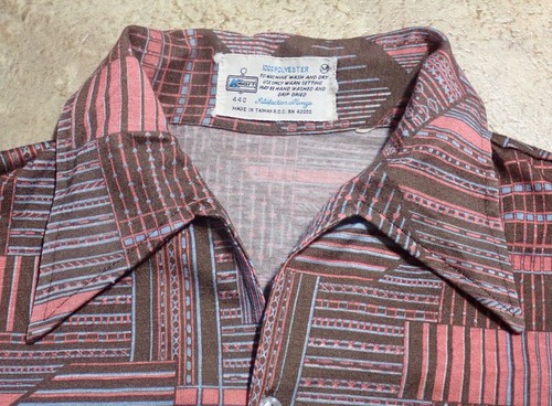 Vintage 60's 70's Disco Shirt Brown Blue Pink Abstract Polyester Kmart Mens M - Picture 3 of 13