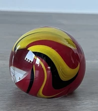 Hand Blown Art Glass Ball Yellow Red Black Swirl Control Bubbles Signed 2006