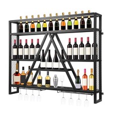 Wine Rack Bar Shelves Wall Mounted Kitchen Storage Rack with Wine Glass Holder