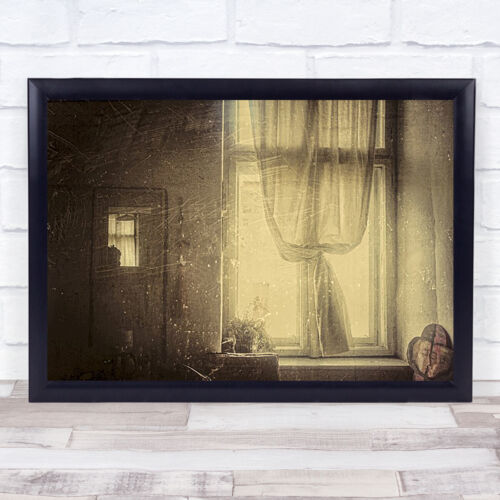 Love Story Sepia Curtain Window Door Old Vintage Texture Wall Art Print - Picture 1 of 1