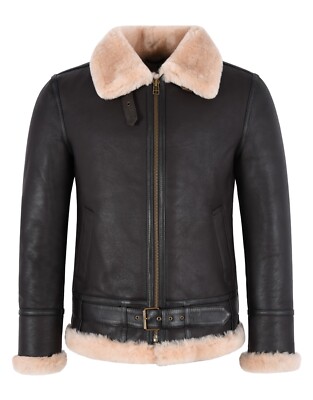 Men Real Sheepskin Jacket Brown Classic RAF Winter Belted Bomber Jacket NV-47
