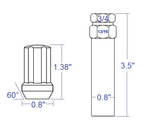 24 PCs Chrome Spline Lug Nuts With Key 7/16" Cone Seats Long Closed End  