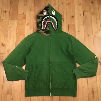 A Bathing Ape Bape 1st Camo Green Shark Full Zip Hoodie PONR Größe L Baumwoll...