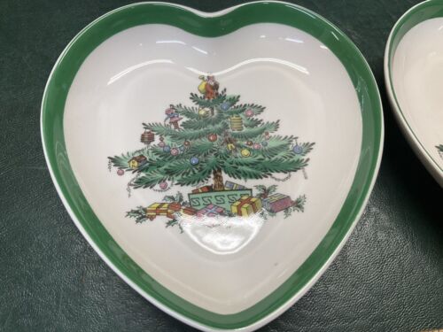 2 Vintage Spode England Christmas Tree Heart Shaped Nut Candy Trinket Dishes - Picture 2 of 10