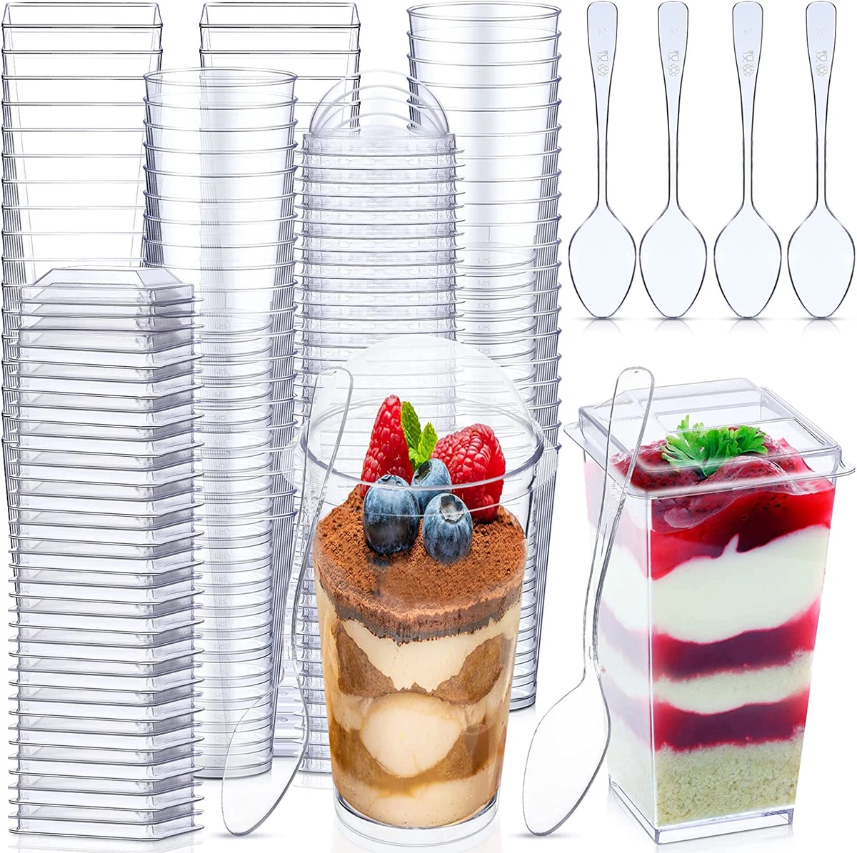 3 Oz Mini Dessert Cups with Lids and Spoons Clear Plastic Cups Square