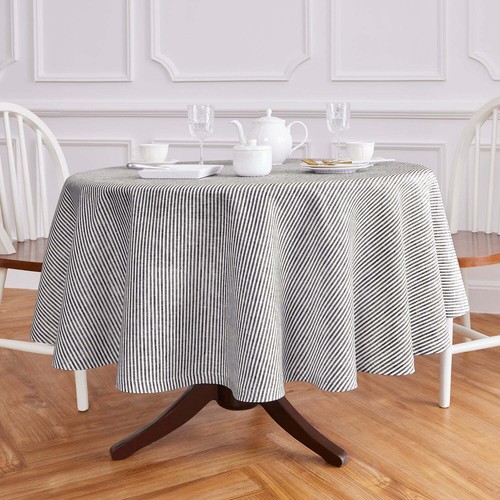 Solino Home Narrow Stripe Linen Round Tablecloth for Fall Kitchen Dining Party - 第 1/30 張圖片