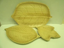 Set of 3 Leaf Leaves Wooden Trays / Platters - by Clay Art Thailand 9.5"-14