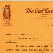 Vintage 9/24 1914 Owl Drug Co. Letterhead - Mission Street, San Francisco, CA