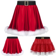 Girls Miss Santa Christmas Skater Skirt Mrs. Claus Costume Cosplay Mini Skirts