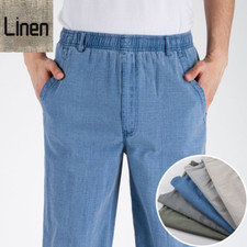 Men Cotton Linen Trousers Loose Straight Pants High Waist Sweatpants Soft Casual