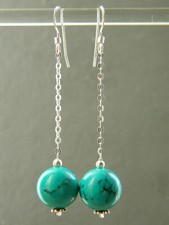 Large Turquoise Gemstones & Silver Long Drop Handmade Earrings 12mm