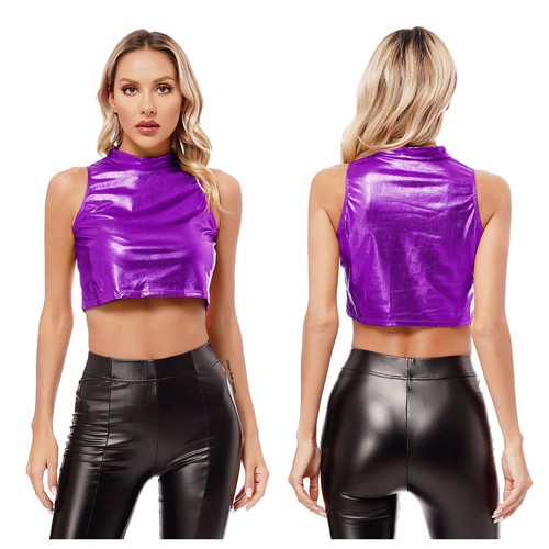 Women's Shiny Metallic Crop Top Turtleneck Disco Party T-Shirt Tops Clubwear - Picture 74 of 96