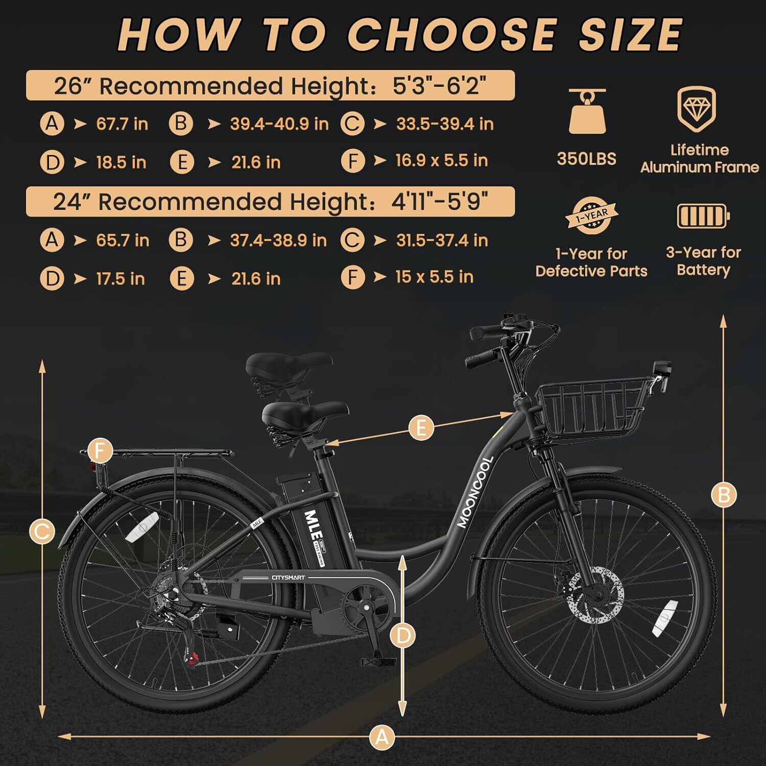 MOONCOOL 26" Electric Bike for Adults, 700W Peak Power City Cruiser Ebike 36V
