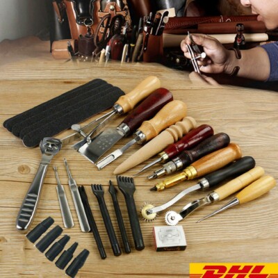 18tlg Leder Werkzeug Ledernadel Stiching Craft Nähen Locher Schnitzen Handwerk 