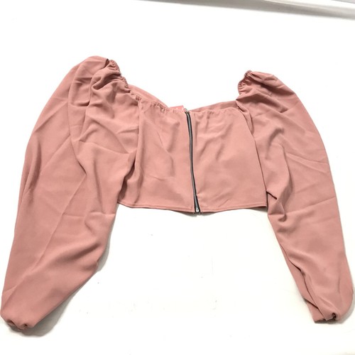 Boohoo Damenbluse kurz mit Ballonärmeln Größe US 22 rosa Oberteil einfarbig neu - Bild 4 von 6