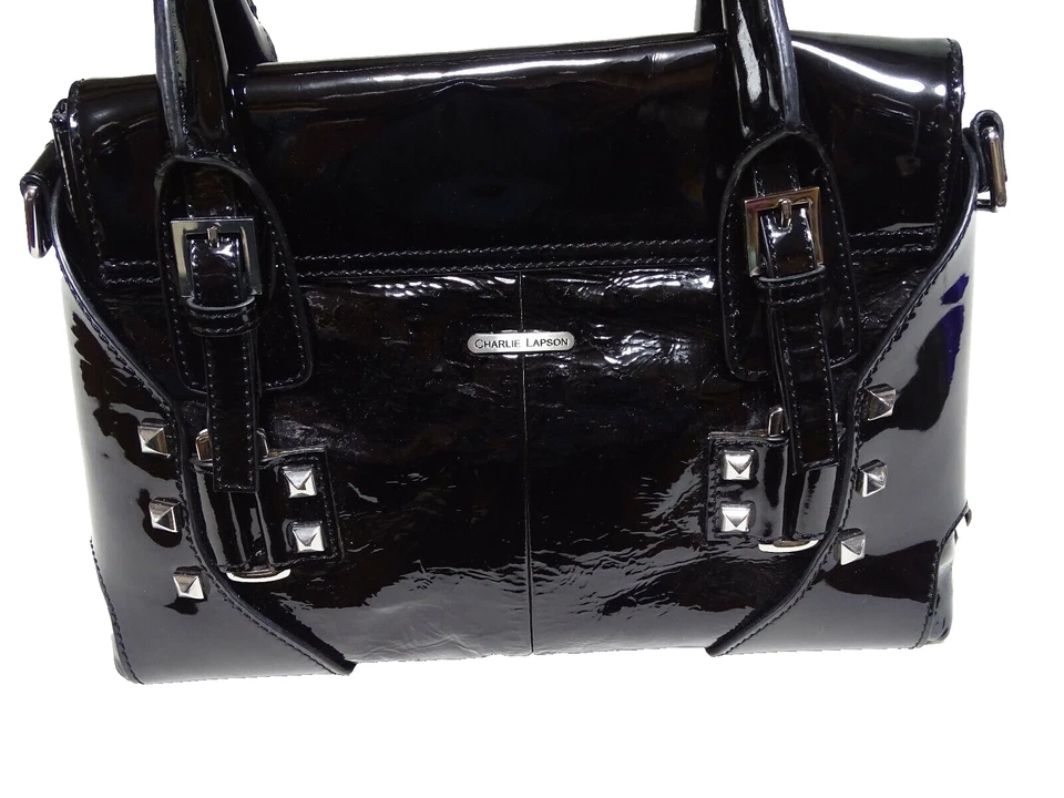 Charlie Lapson Tote Hand Bag Black Patent Studded — 第 2/4 张图片