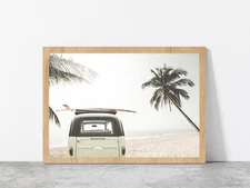Surf Board On Vintage Van & Palm Tree Sea Glass Framed Wall Art, Ready to Hang