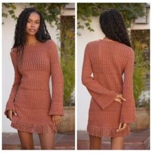 Anthropologie Long-Sleeve Knit Mini Dress Fringe Bottom Brown Bell Sleeves Sz M