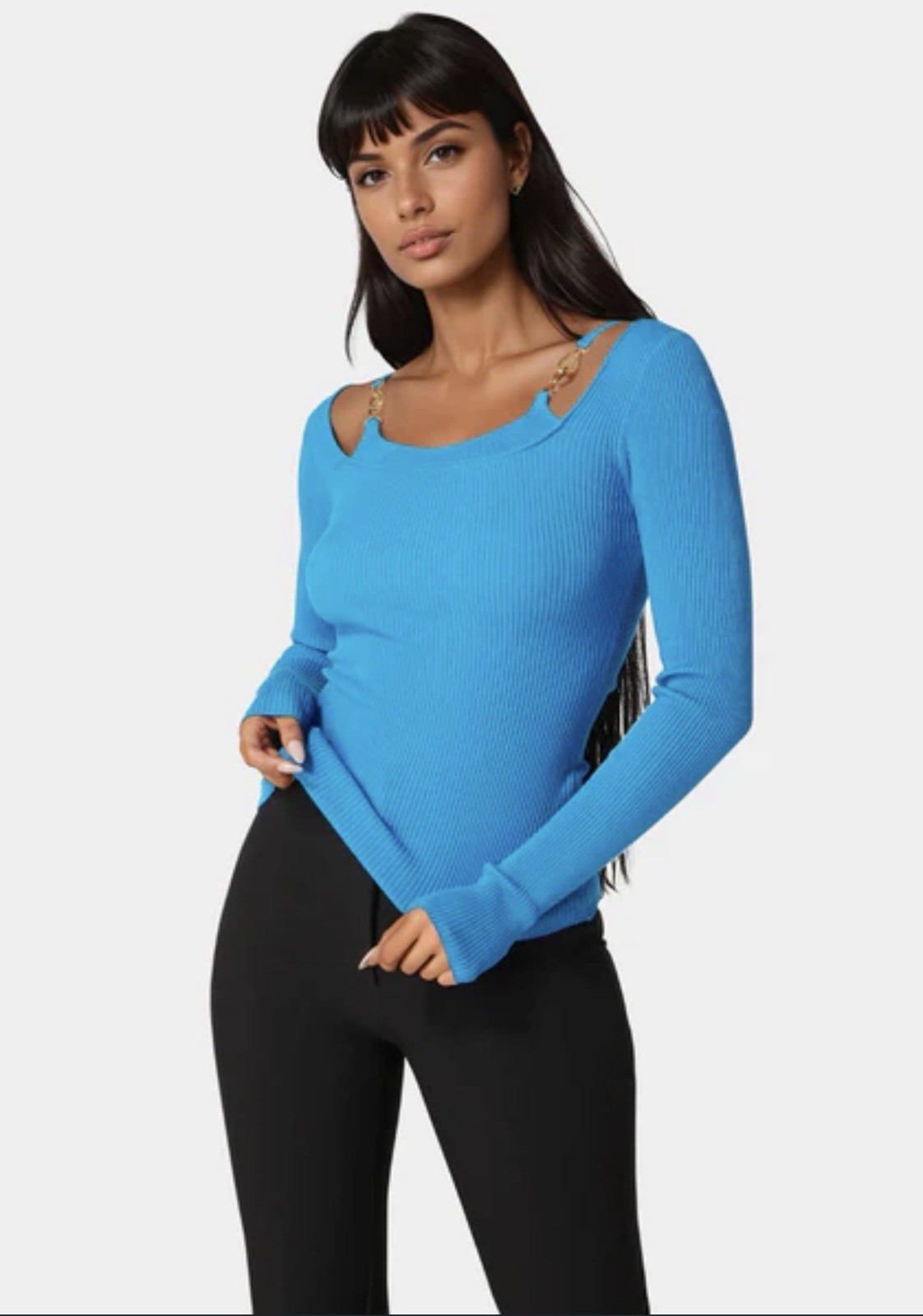 NWT Bebe Strap Detail Ribbed Sweater Top Blue Sz Medium
