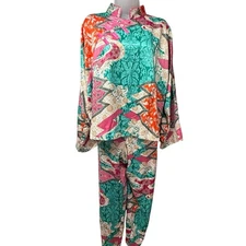 Natori Orient Express Mandarin Satin Pajama 2 Piece PJ Set Size Large Teal Multi