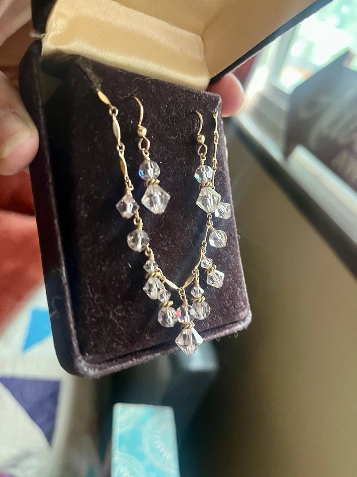 Juego de pendientes collar cadena cuentas champán checo verde decorativo relleno de oro de 14k de colección Foto 2 de 4