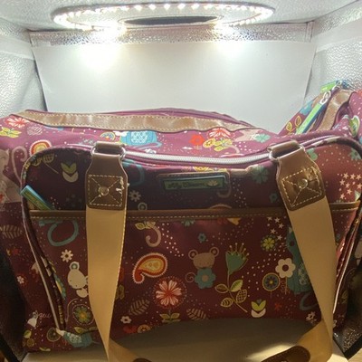 Lily Bloom Purple Multicolor Floral Tote Bag Zip Closure Tan Handles Det Strap