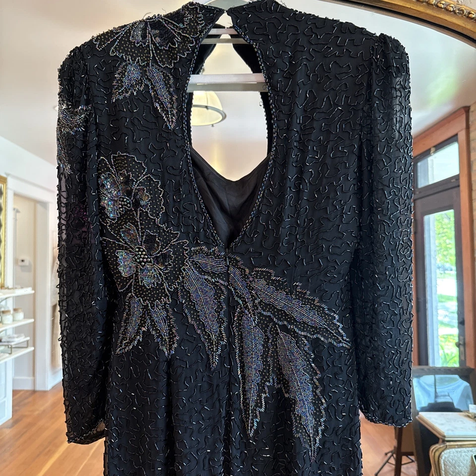 Black Vintage Ankle Length 100% Silk Multi Color Beaded Gown - Image 4 of 4