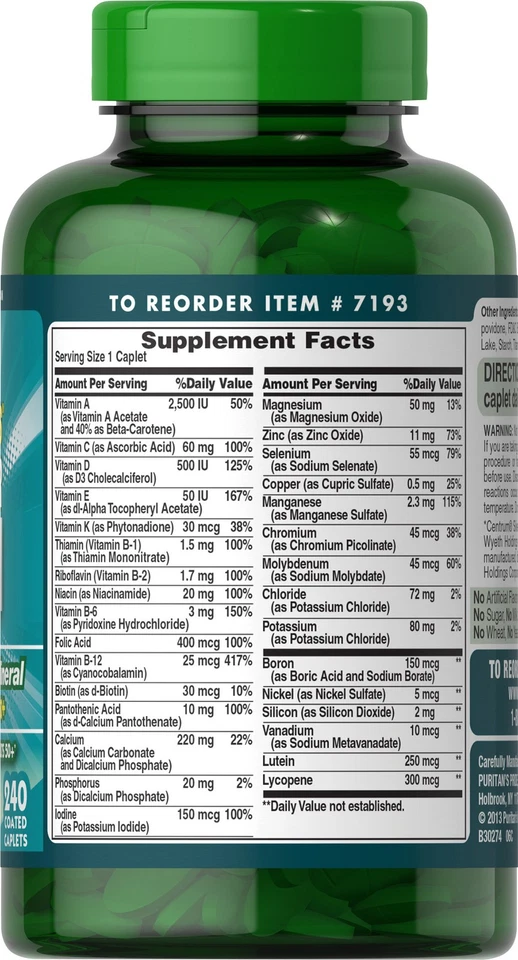 Puritan's Pride ABC Plus Senior Multivitamin Multi-Mineral Formula - 240 Caplets - Image 3 of 4