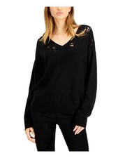 BAR III Womens Long Sleeve V Neck Destructed Sweater
