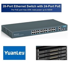 yuanley 28-port POE unmanaged network switch with ai watchdog, ai-ys2422fs-p