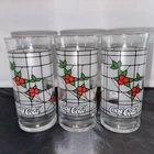 Rare Vintage 70s Coca-Cola Christmas Holly Berry Stained Glass Drinking Set Of 3