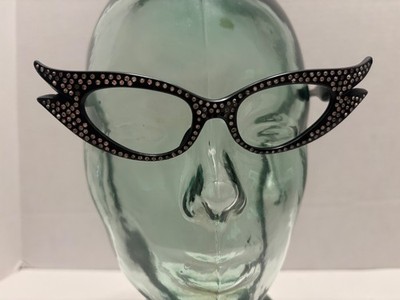 1950s French A.S. ZAZA  RHINESTONE Cat Eye GLASSES FRAMES Vintage Black
