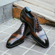Tailored Burnished Brown Patina Leather Cap Toe Oxford Brogues Mens Formal Shoes