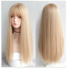Long Straight Soft Costume Wig With Bangs Heat Resistant Hair Mixed blonde