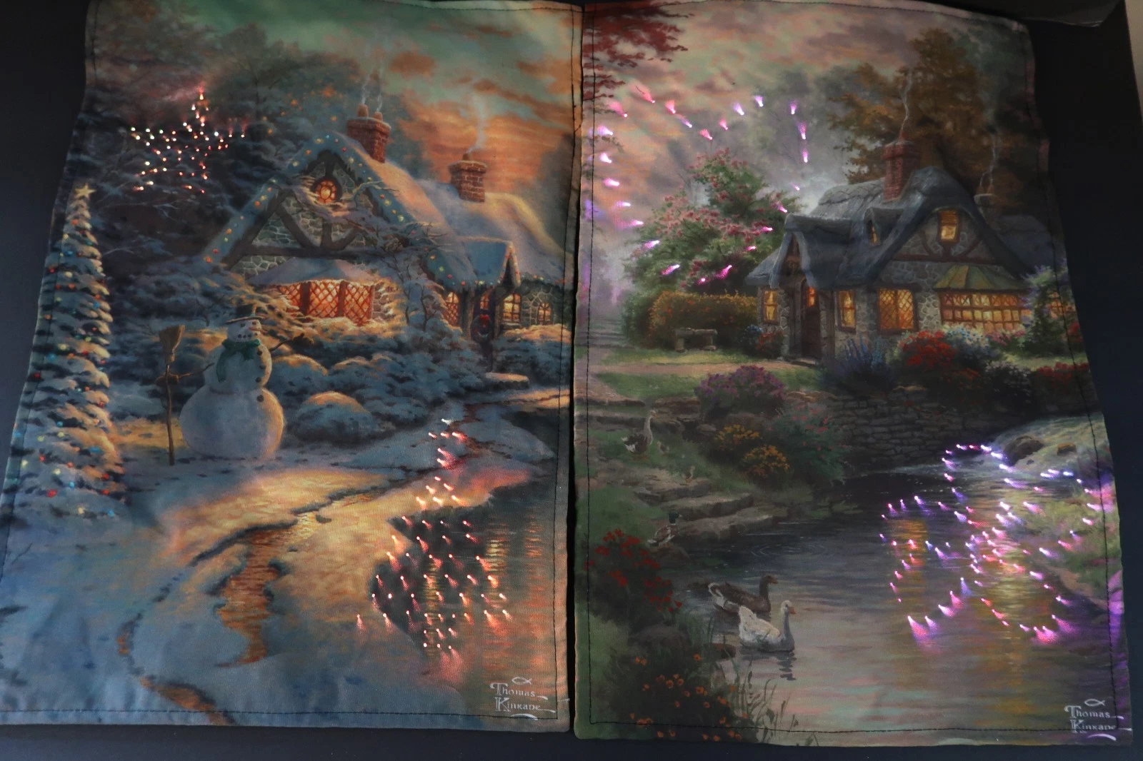 TWO Thomas Kinkade Fiber Optic Garden Flags with Pole Auto On and Off Yard Decor