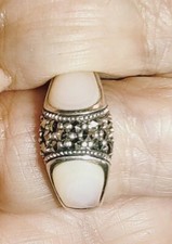Mother Of Pearl Marcasite Ring 925 Sterling Silver Size 10 1/2  C86 