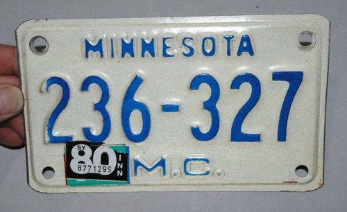 1970's Minnesota Motorcycle License plate Number 236-327 1980 tab