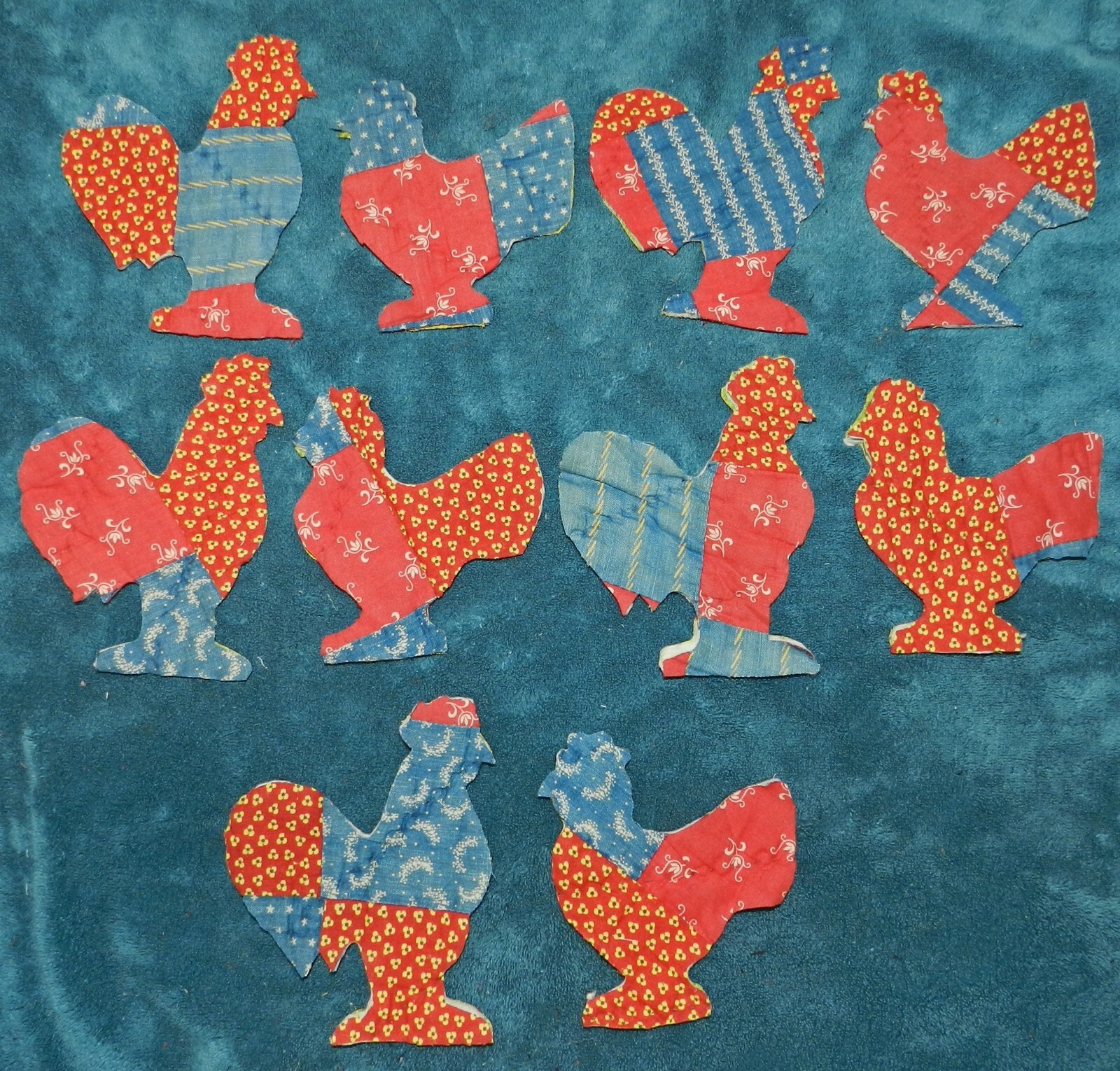 10 PRIMITIVE ANTIQUE CUTTER QUILT CHICKENS! HENS & ROOSTERS! Blue Red Yellow eBay