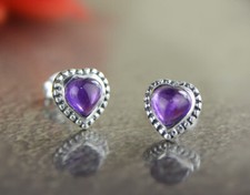 T09 Earrings Ear Stud Heart Amethyst Purple 925 Sterling Silver