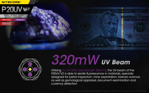 NiteCore P20UV V2 LED 1000 Lumens Tactical 365nm UV Flashlight Torch - Picture 2 of 12