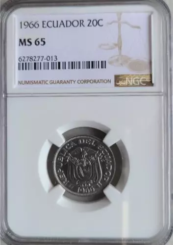 Ecuador 20 Centavos 1966 NGC MS 65