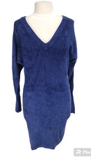 EXPRESS Women Bodycon Flee Knee Length Dress Size M Blue V-Neck Long Sleeve 233P