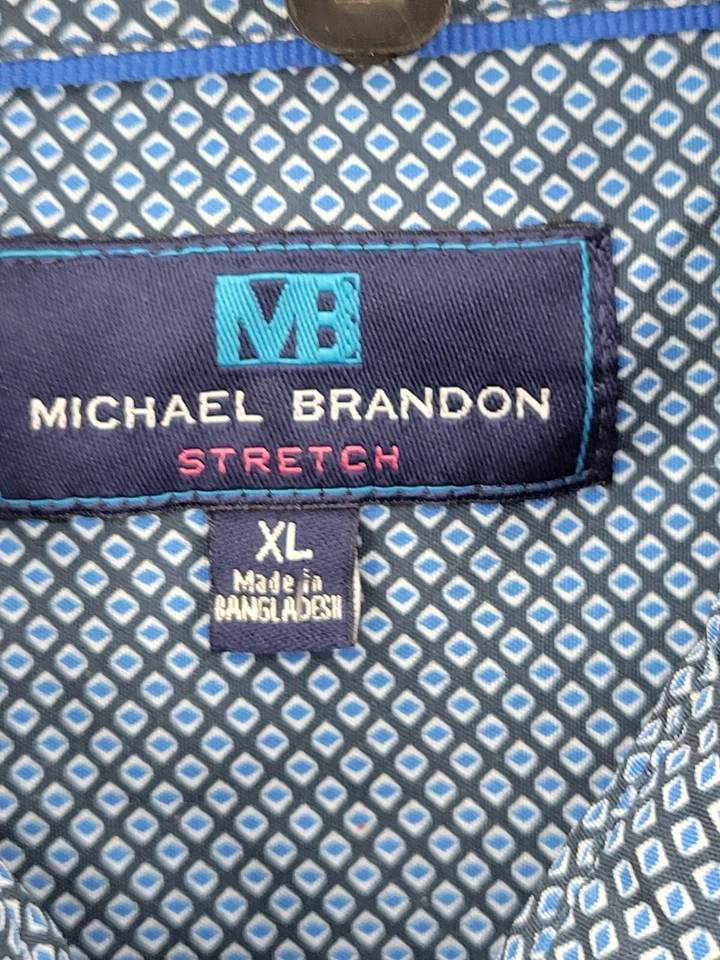 Camisa Michael Brandon Para Hombre XL Estampado Azul Rendimiento Elastizada Manga Larga Preppy Foto 3 de 4