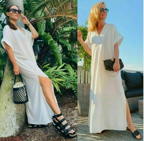 H&M HM Conscious V-Neck LYOCEL or Ruffled Cream FLOUNCED KAFTAN TUNIC Dress - Picture 3 of 15