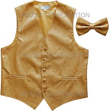 New Men's paisley formal Tuxedo Vest Waistcoat Bowtie Gold wedding party prom