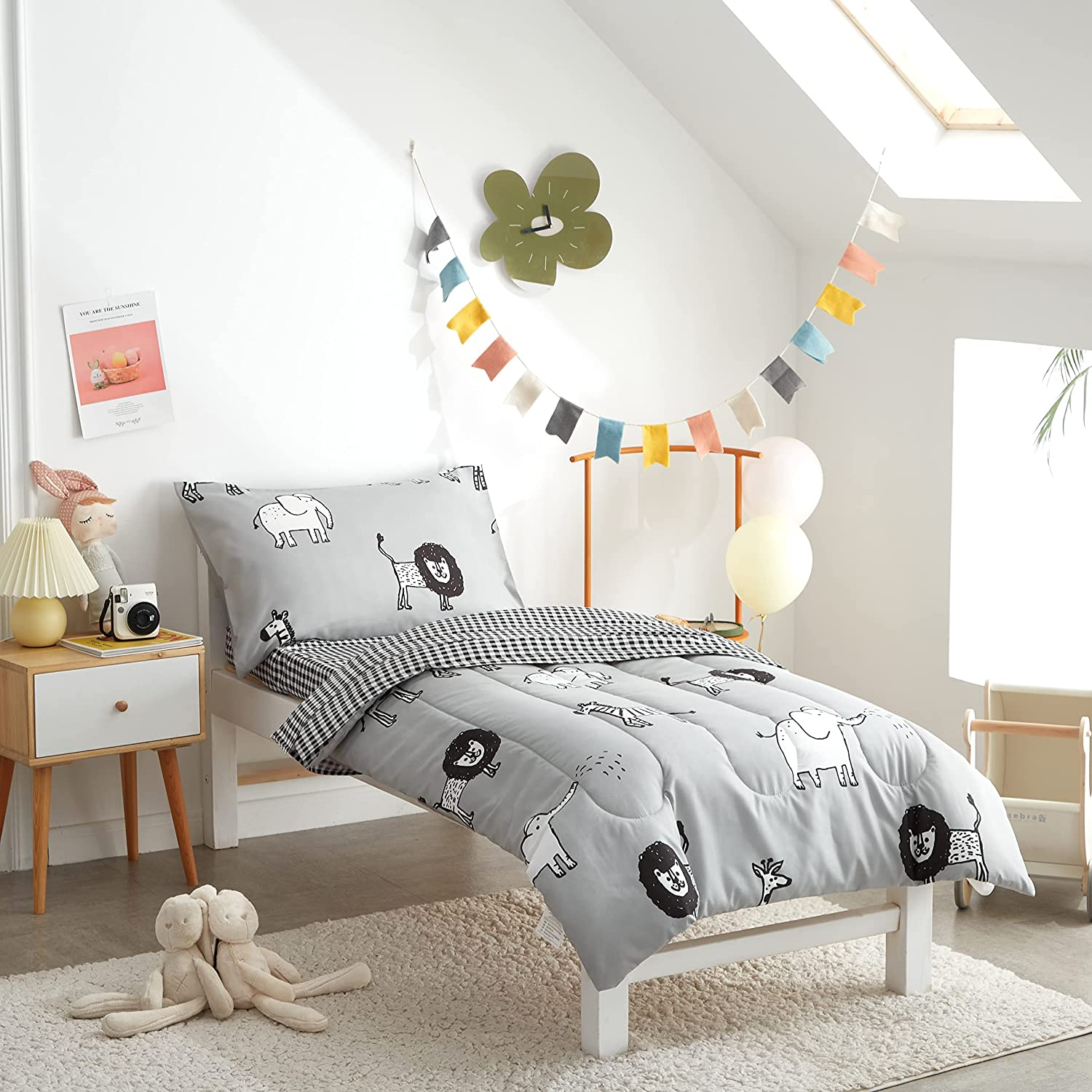4 Piece Gray Grey Toddler Bedding Set with Multi Animals Printed for