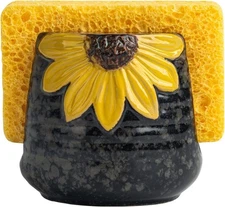 Yellow Sunflower Sponge Holder - Ceramic Kitchen Sink Caddy & Large, 