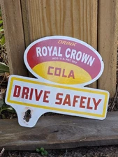 1950'S ROYAL CROWN PORCELAIN GAS STATION METAL LICENSE PLATE SIGN 7.5" X 7".