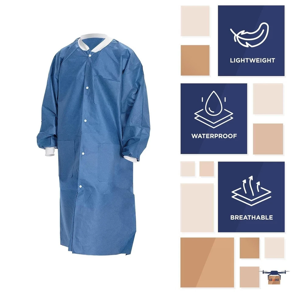 Disposable Lab Coats 38" Long 100ct Blue Adult Work Gowns Medium SMS 40 gsm PPE - Image 4 of 4